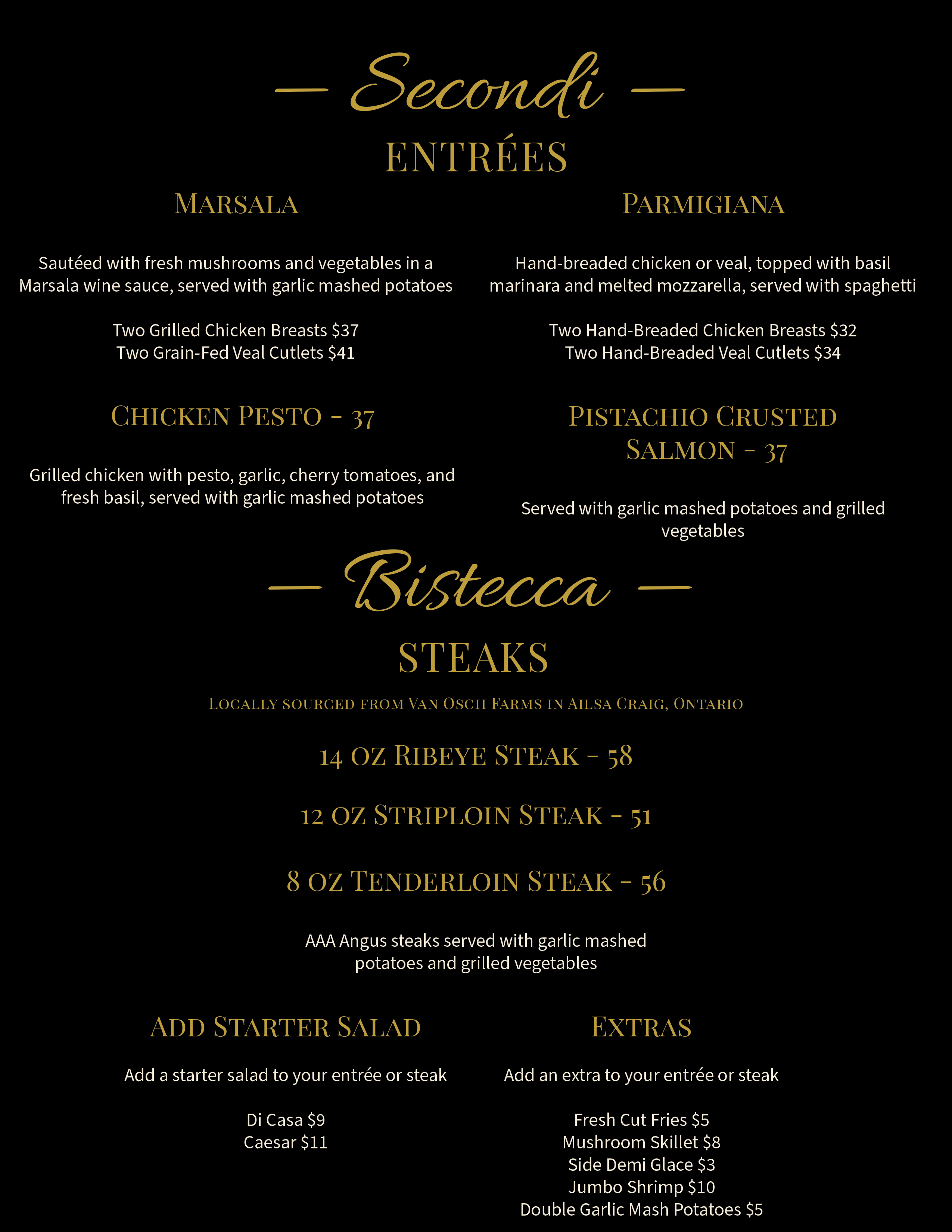 Entrees & Steaks Menu