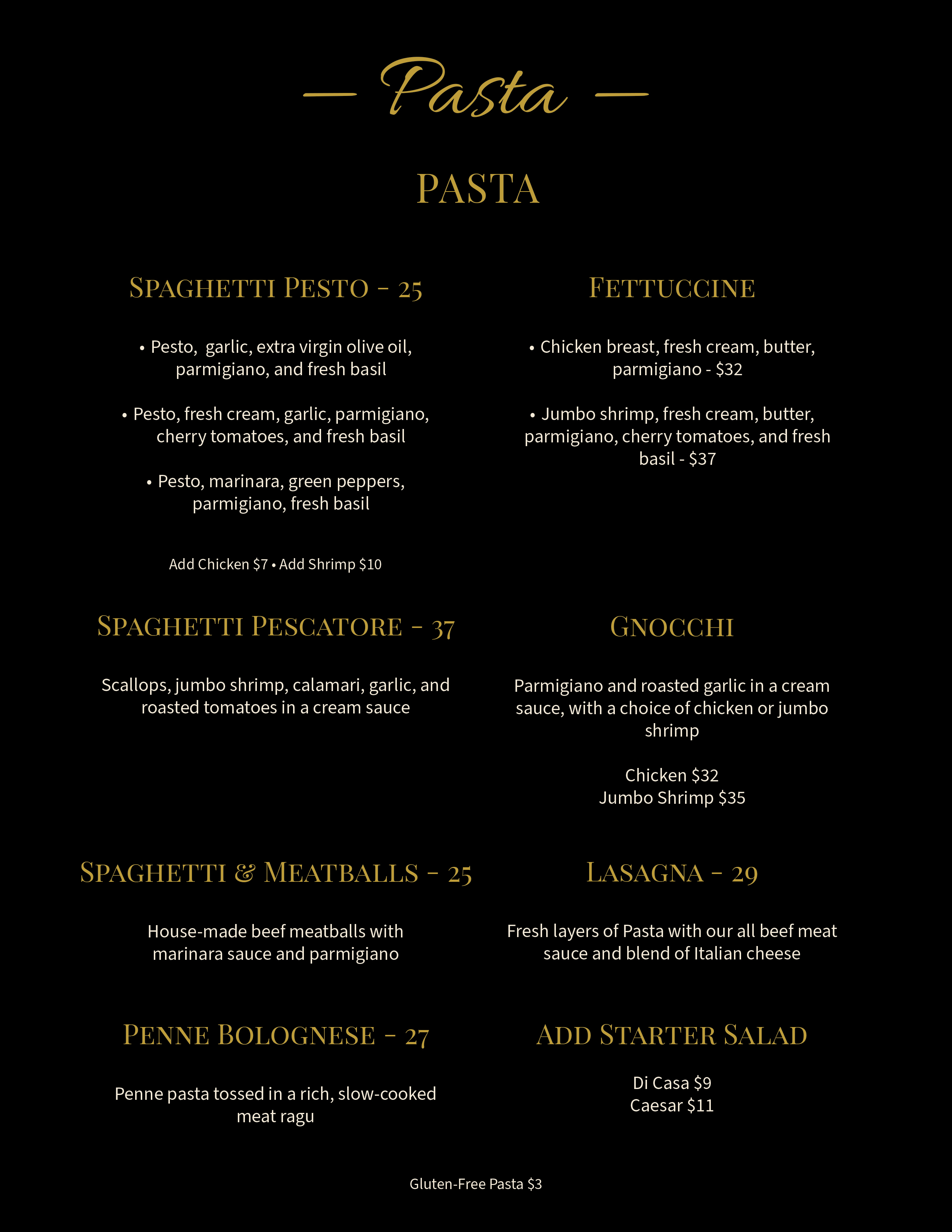 Pasta Menu