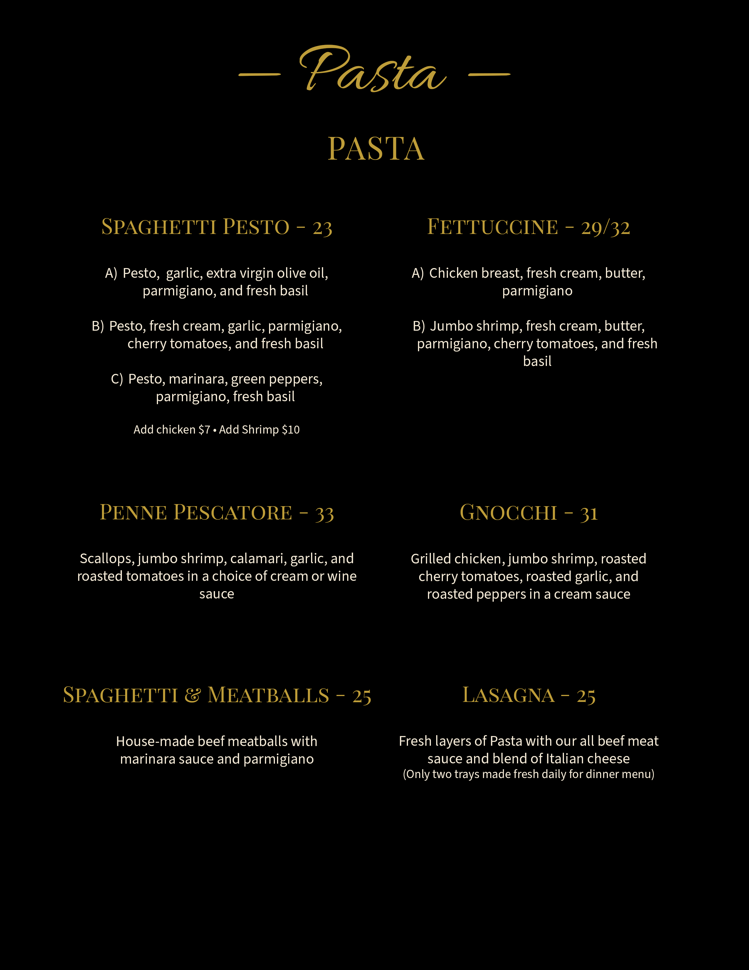 Pasta Menu